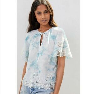 Anthropologie Olivia Embroidered Tie-Dye Cloud Blouse in Blue Sz XS